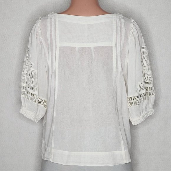 Free People White Button Up Blouse Top Lace Half Sleeves Tie Neck Crochet - Picture 4 of 7
